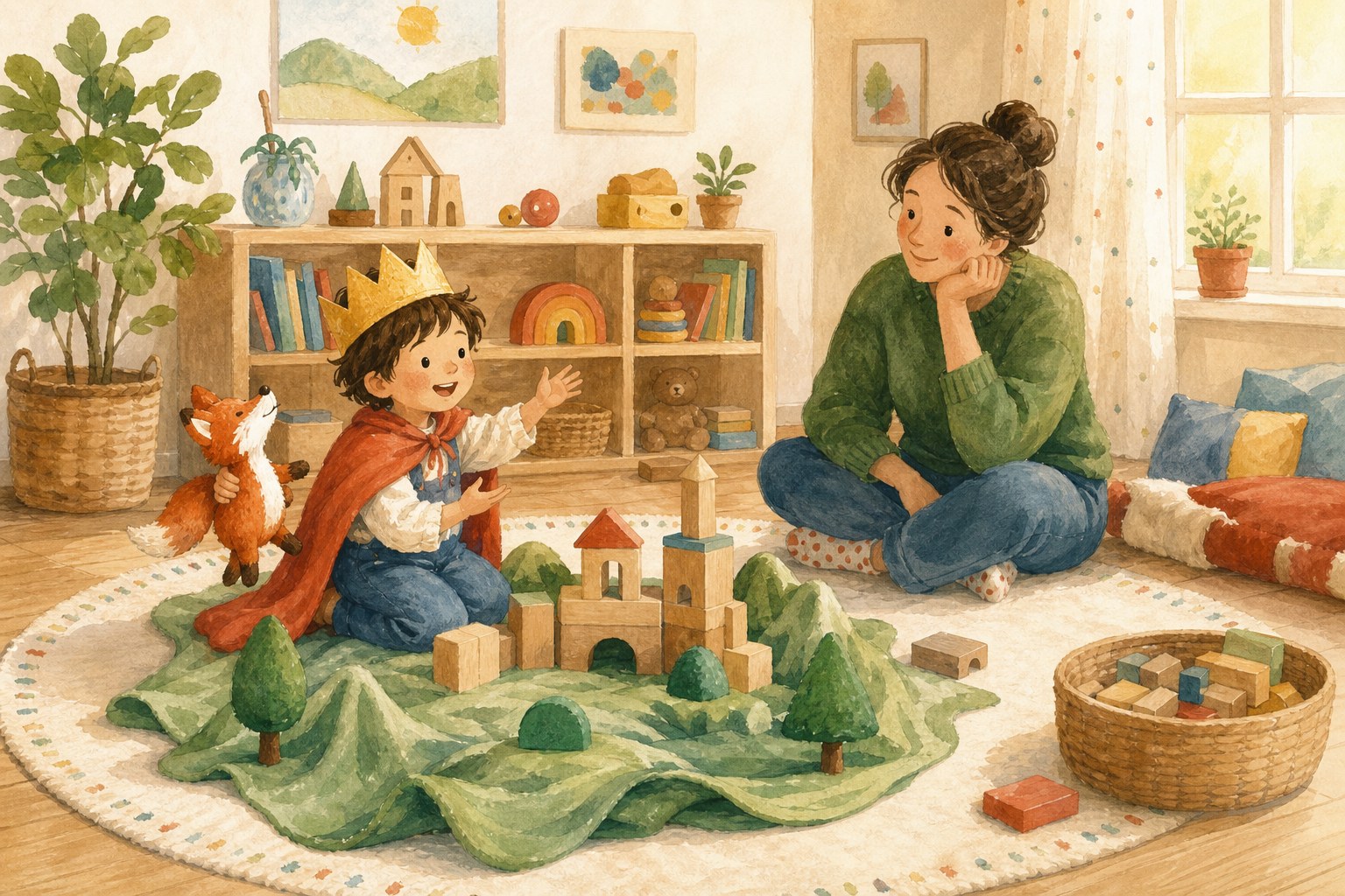 A preschool child wearing a paper crown and retelling a fairy tale with a toy fox and block castle while a parent watches