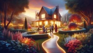 Illustration of a pathway to a welcoming home with the lights turned on.