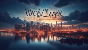 Constitution of the USA melting into skyline of a large city