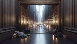 A view from the outside onto a grand hotel, showing the contrast between the homeless and the luxury of the hotel stay