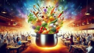 Steaming pot where different people are throwing their ingredients. Representing the USA with its diverse society, views and opinions. 