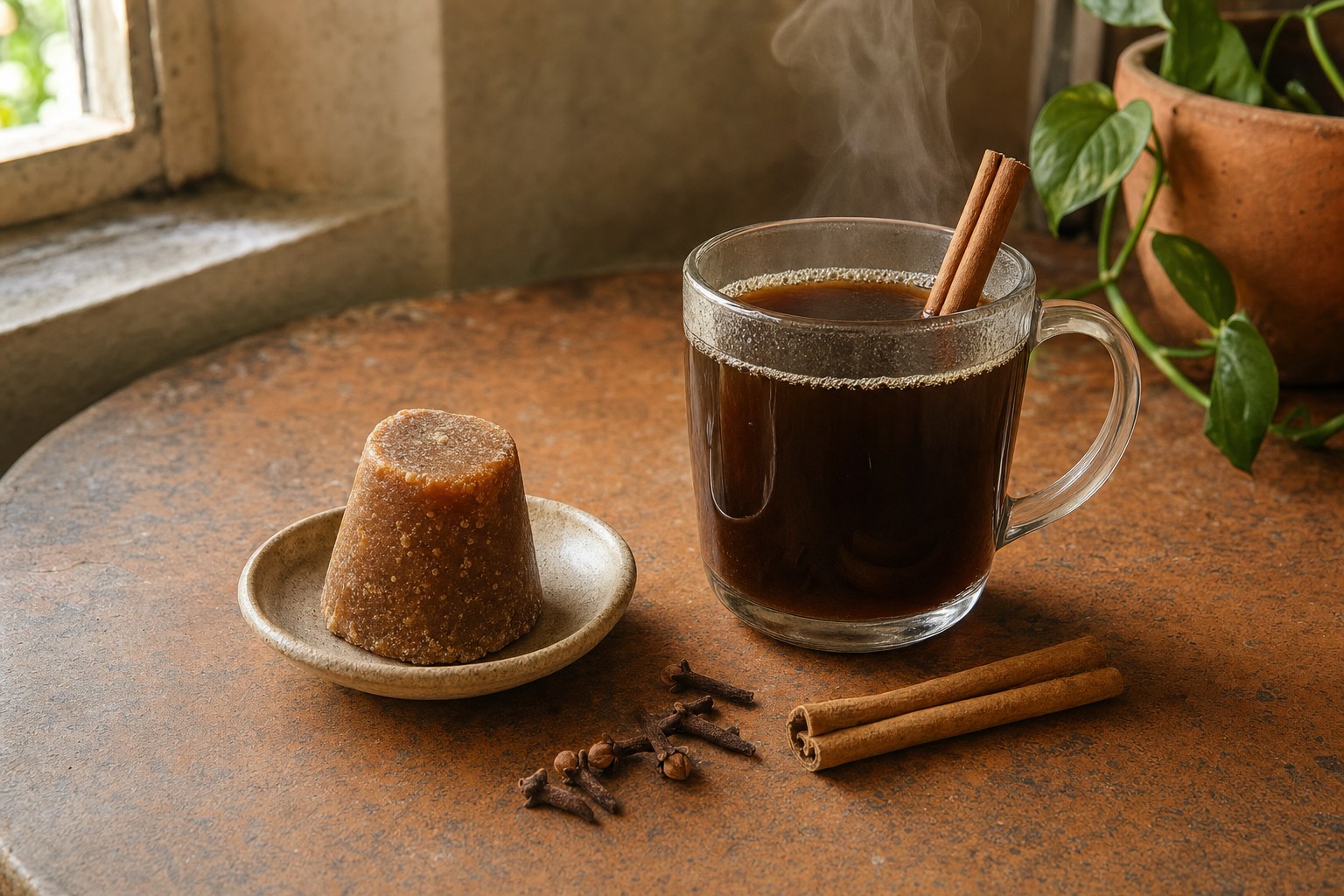 Mexican spiced coffee with piloncillo, cinnamon, and cloves on a terracotta table