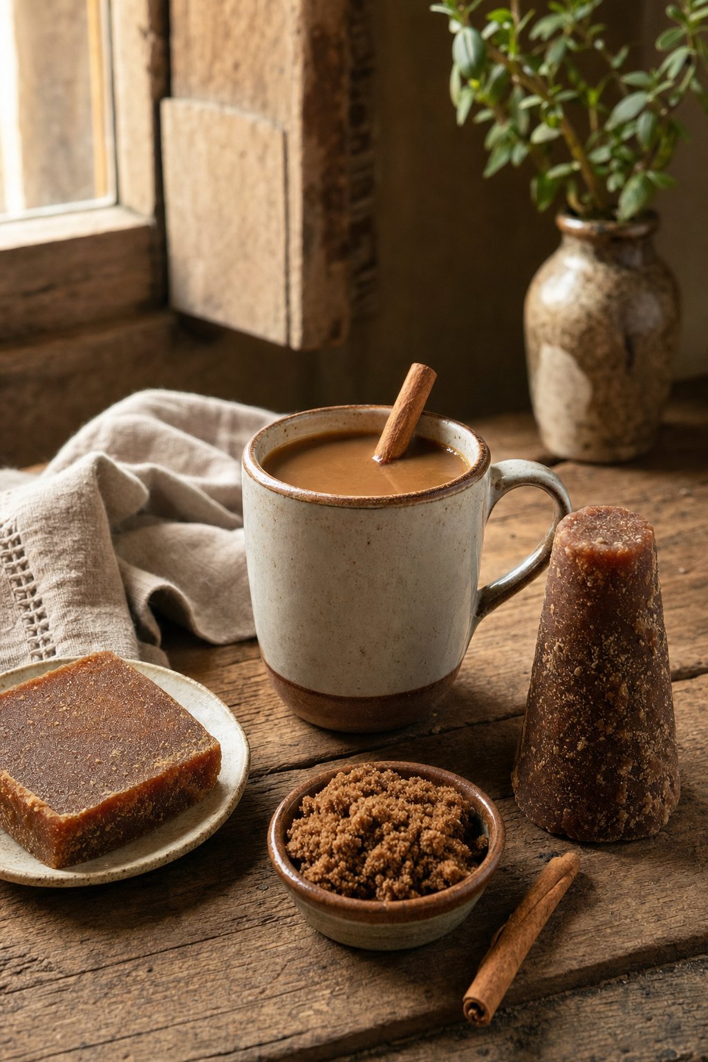 Piloncillo, brown sugar, and cinnamon beside a mug of spiced coffee