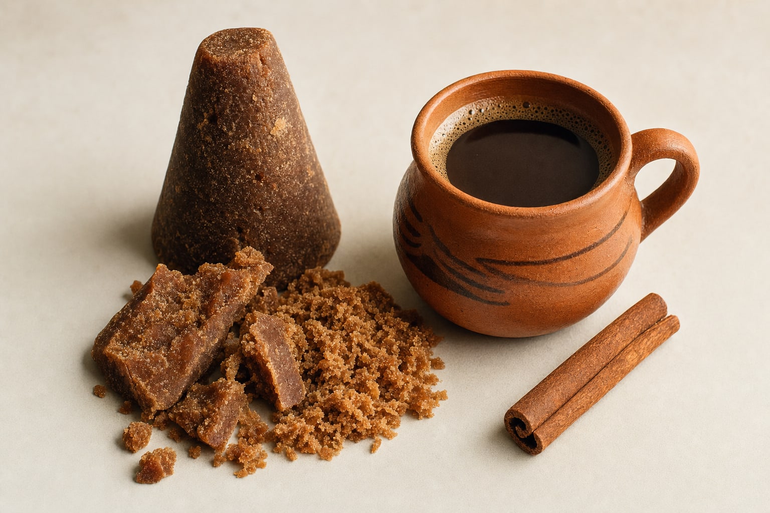 Piloncillo cane sugar with coffee and cinnamon on a warm tabletop