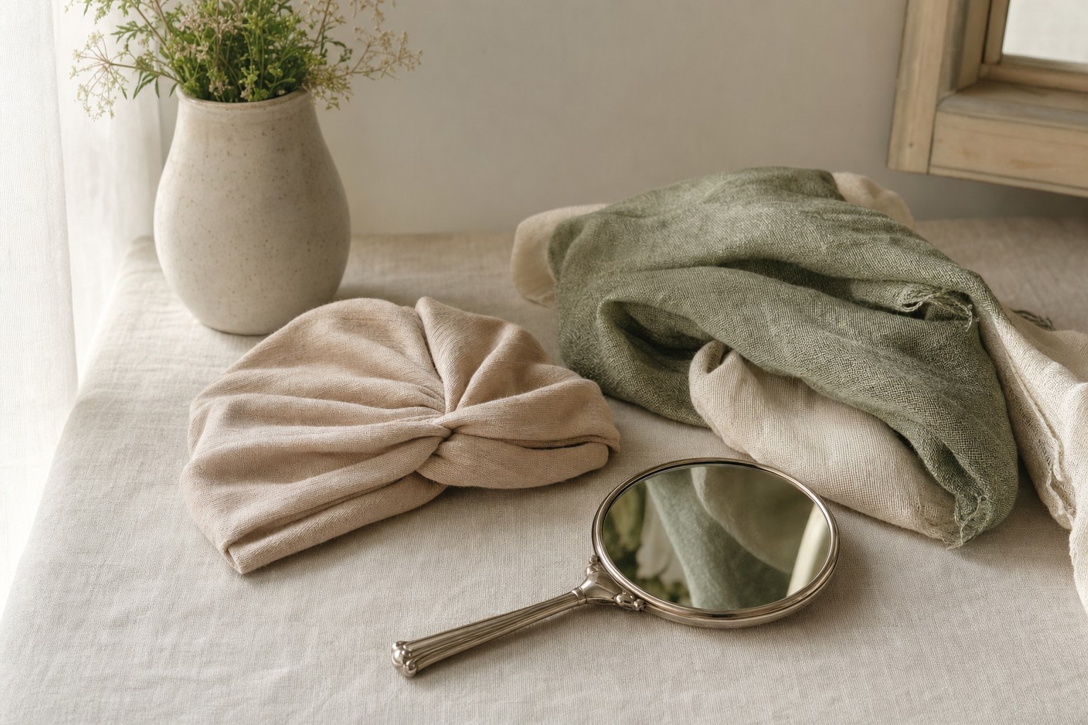 Soft head wrap and scarves arranged on a linen surface