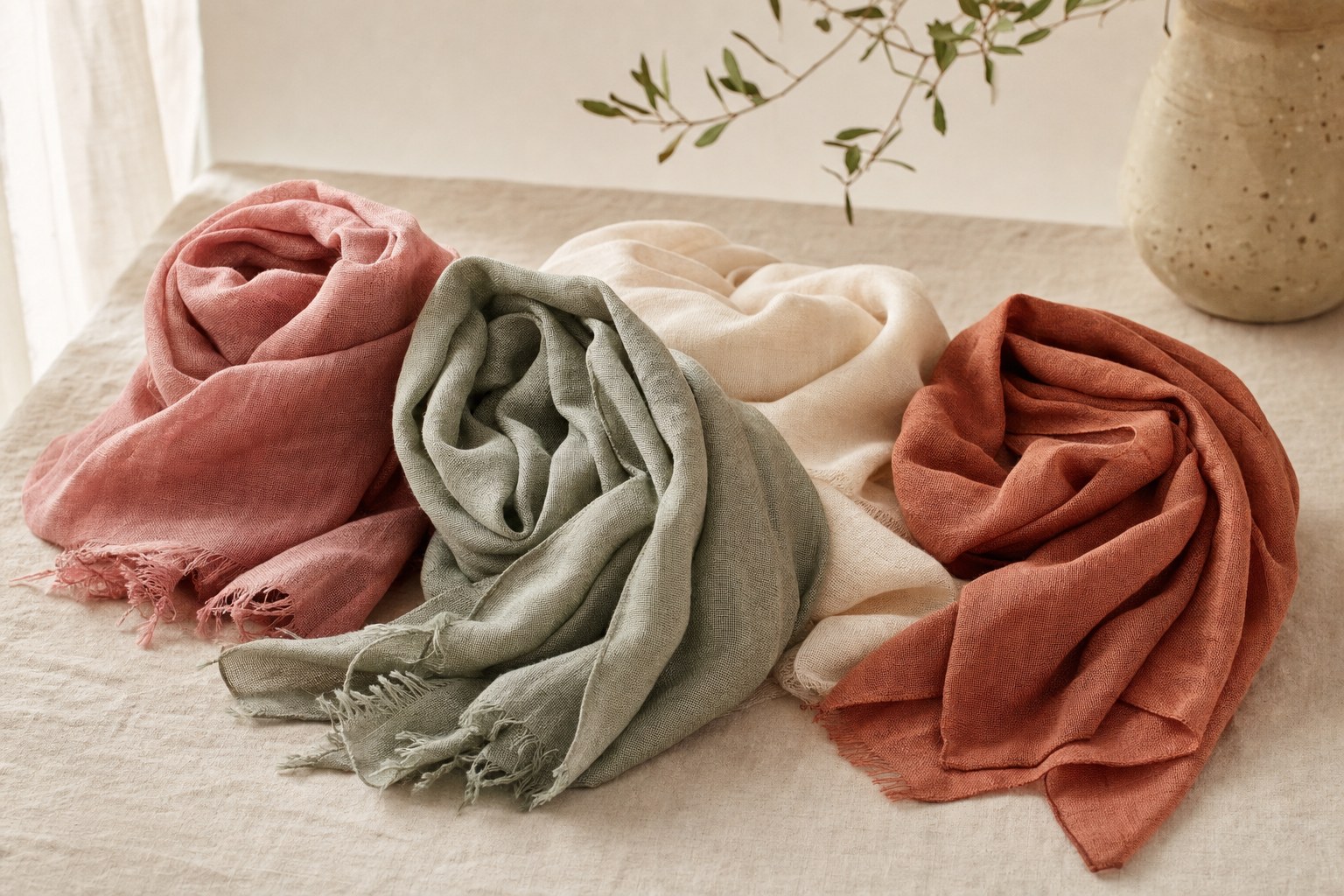 Soft scarves in rose, sage, cream, and rust tones