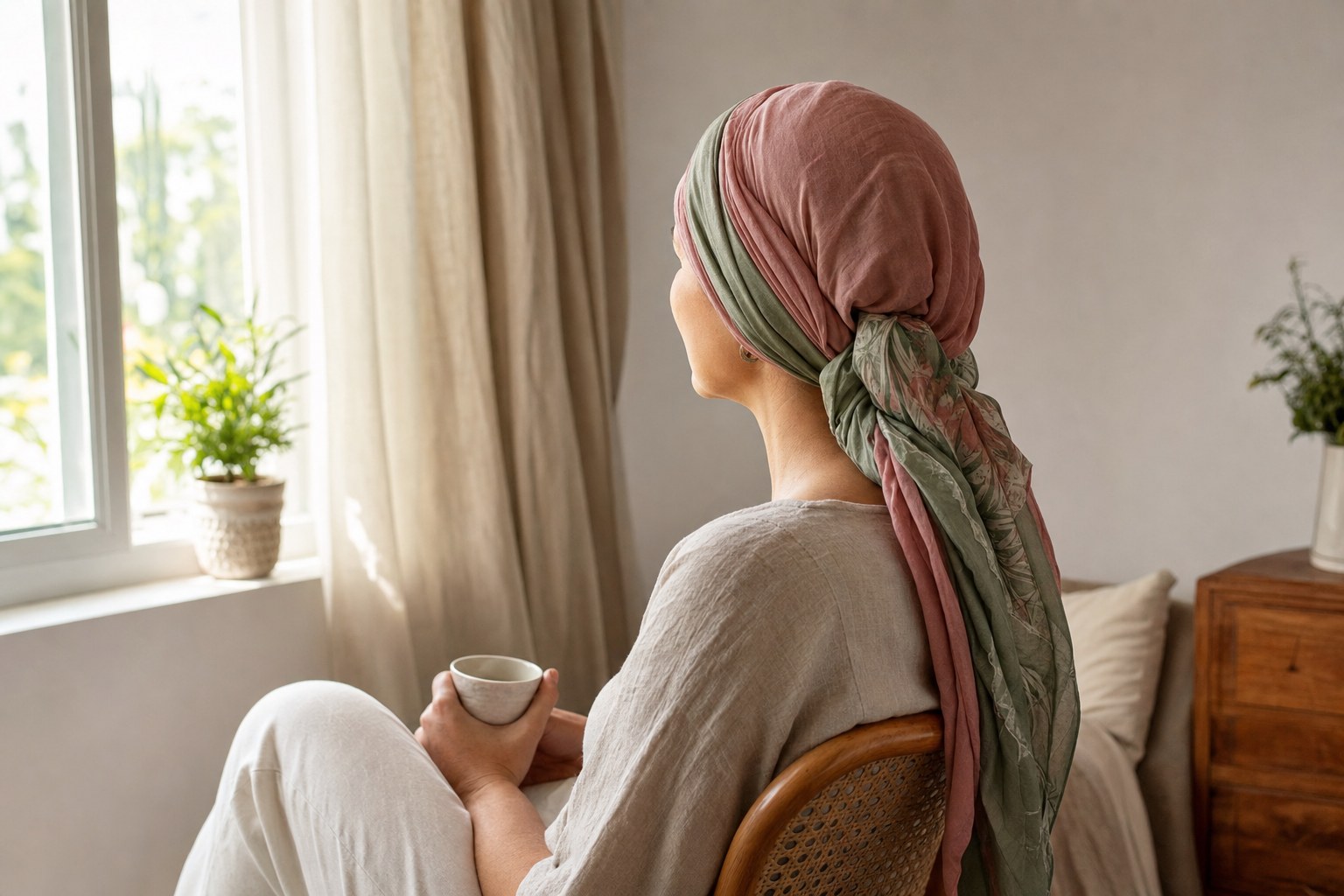 Woman wearing a rose and sage head scarf beside a window