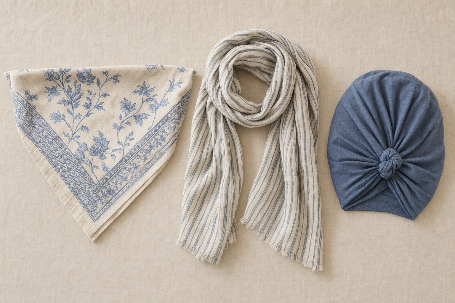 Square scarf, long scarf, and pre-tied head wrap arranged side by side