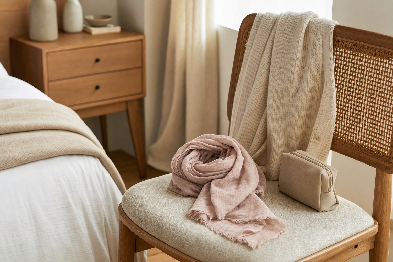 Soft pink scarf and small pouch on a chair in a bright bedroom