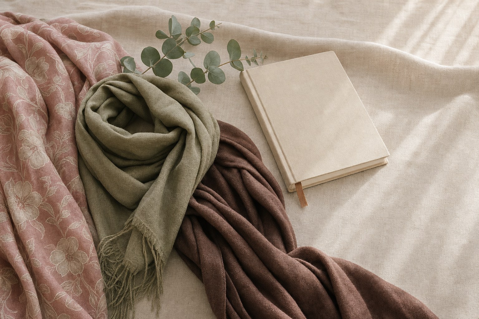 Soft scarves and a blank notebook arranged on warm linen