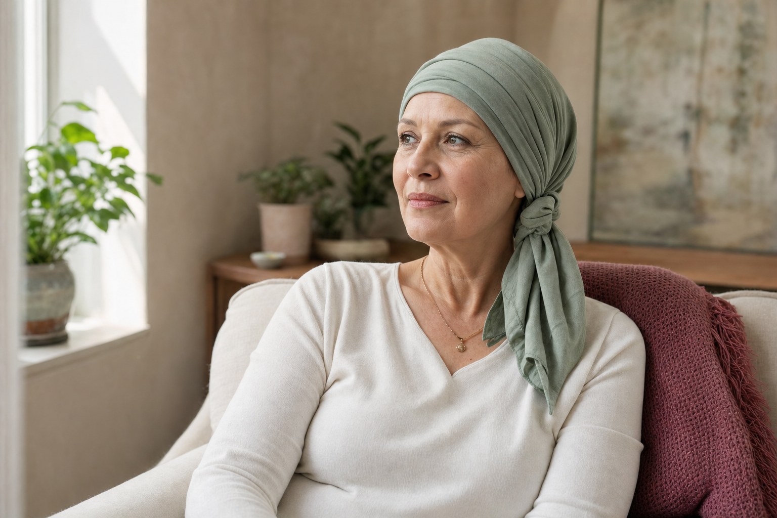 Woman wearing a soft sage green head wrap in a sunlit room