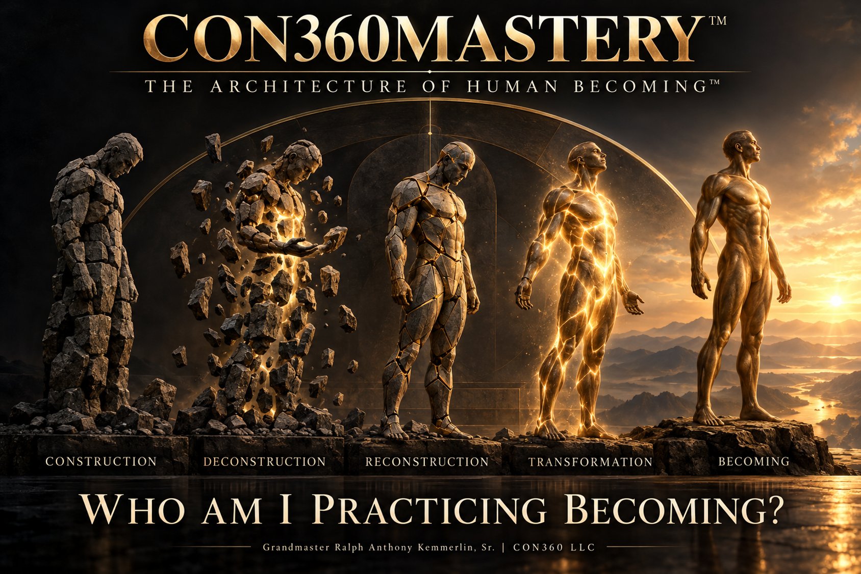 CON360MASTERY: five figures representing Construction, Deconstruction, Reconstruction, Transformation, and Becoming. Who am I practicing becoming?