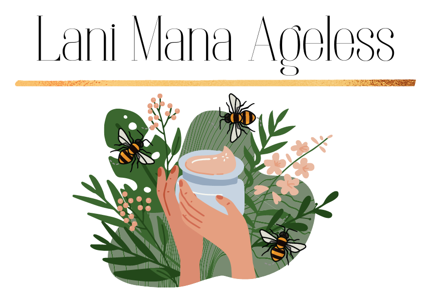 Lani Mana Ageless, bees and botanicals surrounding a skincare jar