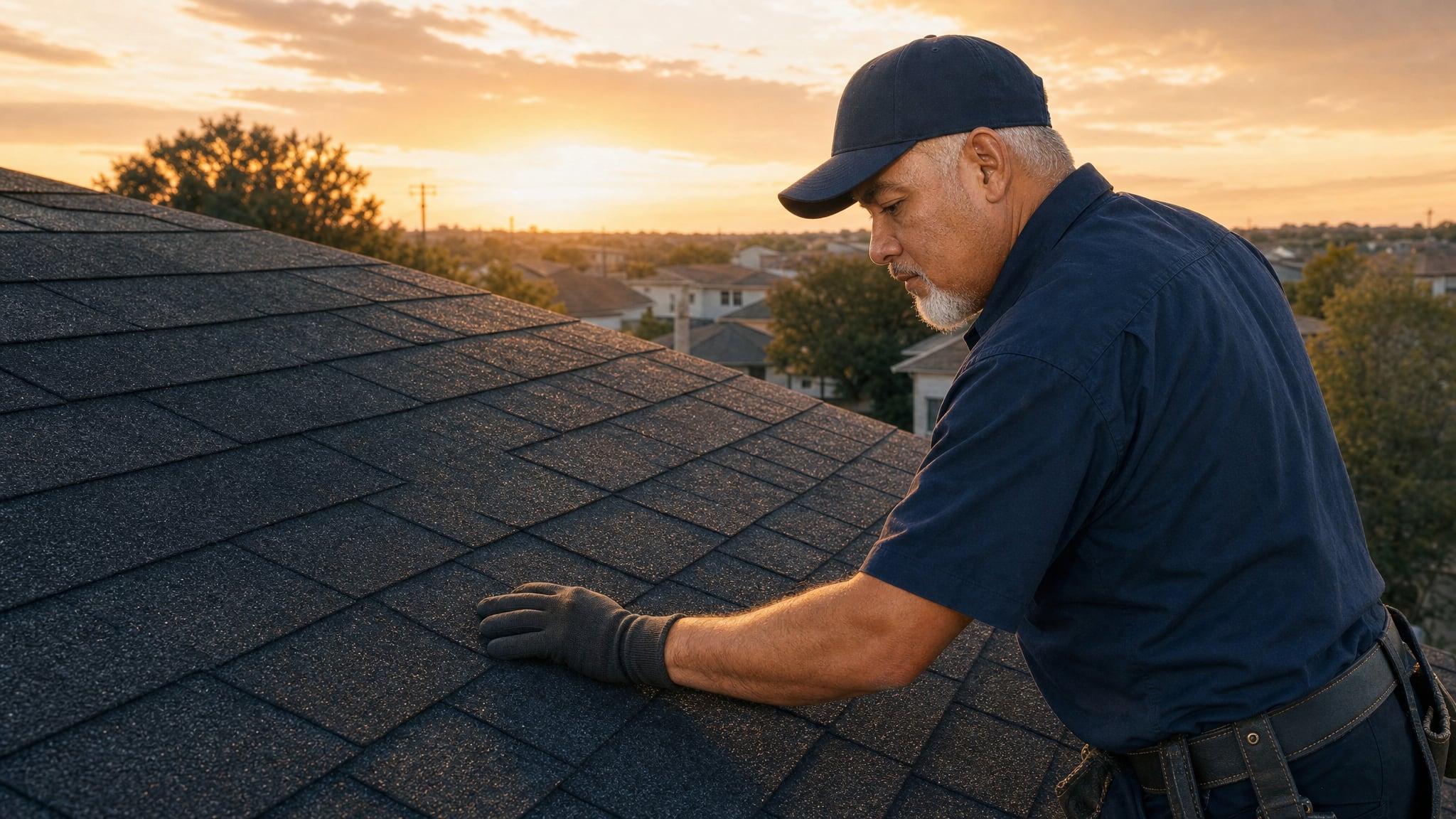 Roofing professional inspecting asphalt shingles on a residential roof