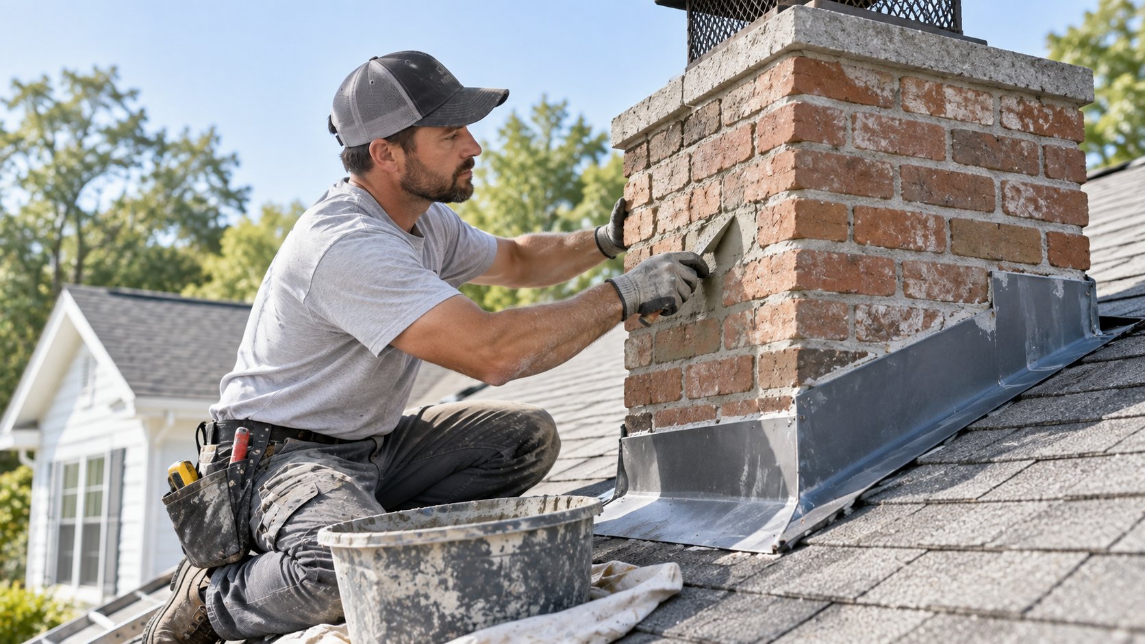 Roofing professional repairing flashing around a brick chimney