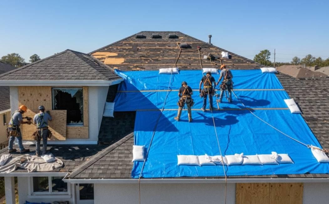 Roofing crew securing blue tarps over a damaged residential roof
