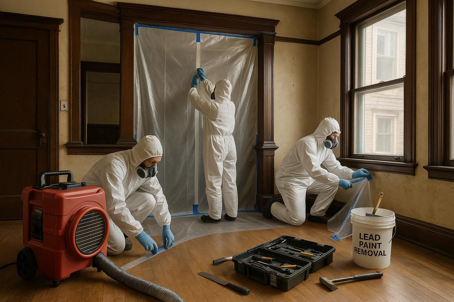 Renovation workers wearing protective suits, respirators, and gloves in a contained work area