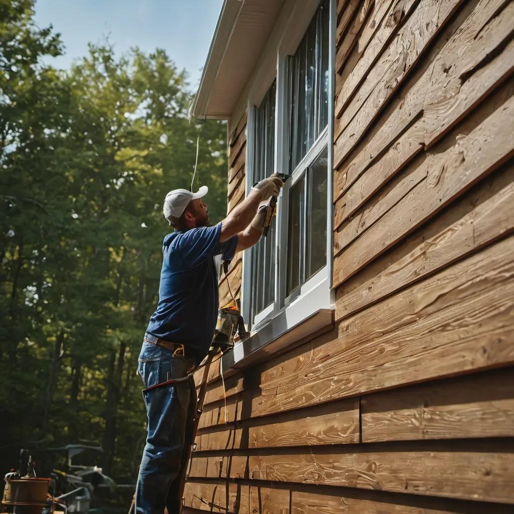 Worker repairing a window on a wood-sided home