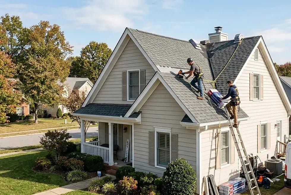 Roofing workers installing shingles on a two-story home