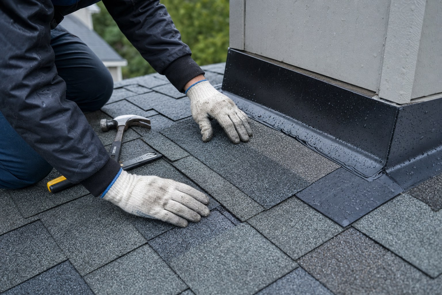 Close view of roofing repair work at a roof edge