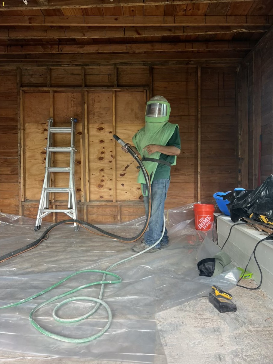 Interior restoration equipment set up in an opened room