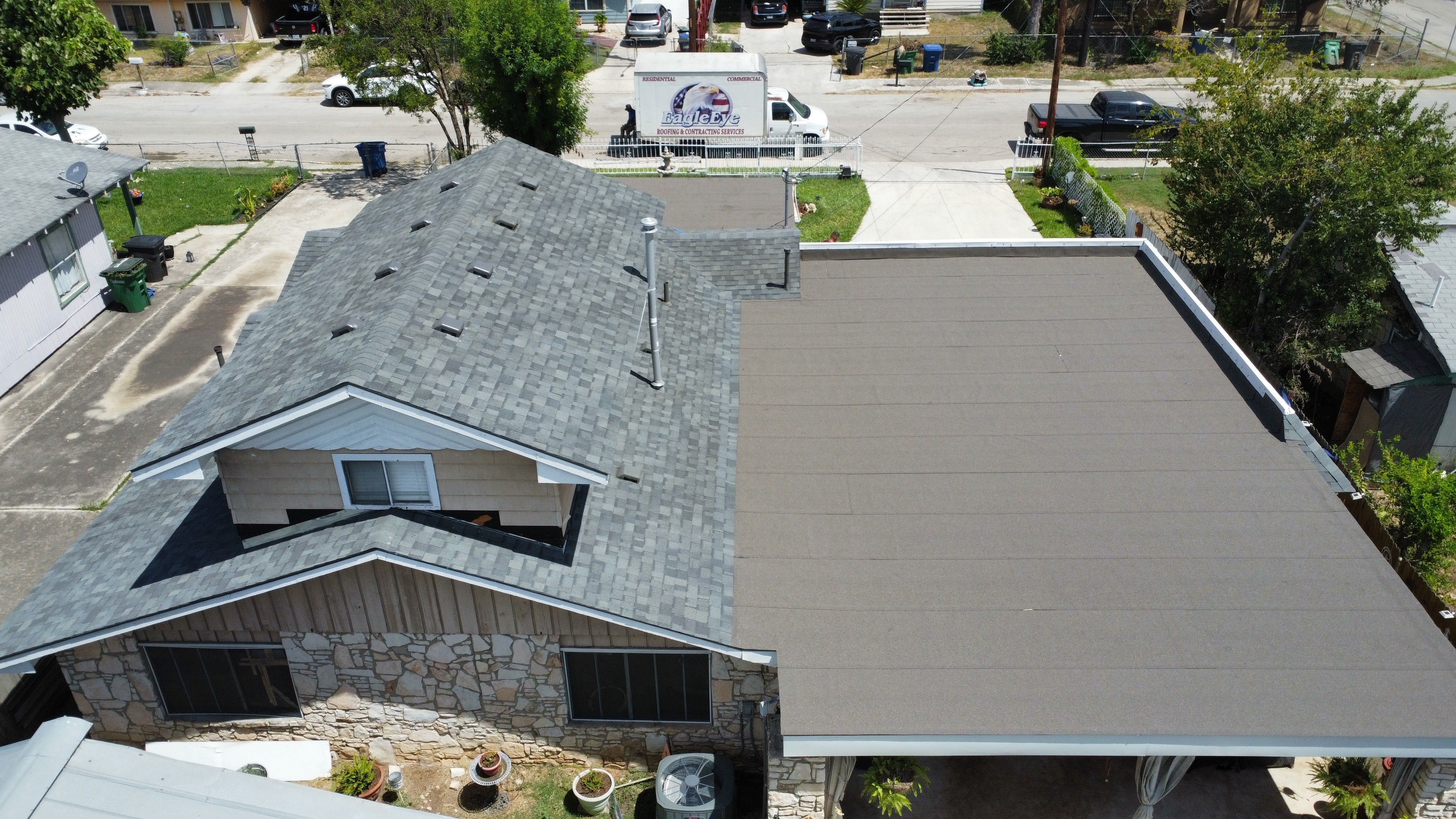 Completed residential roof viewed from above
