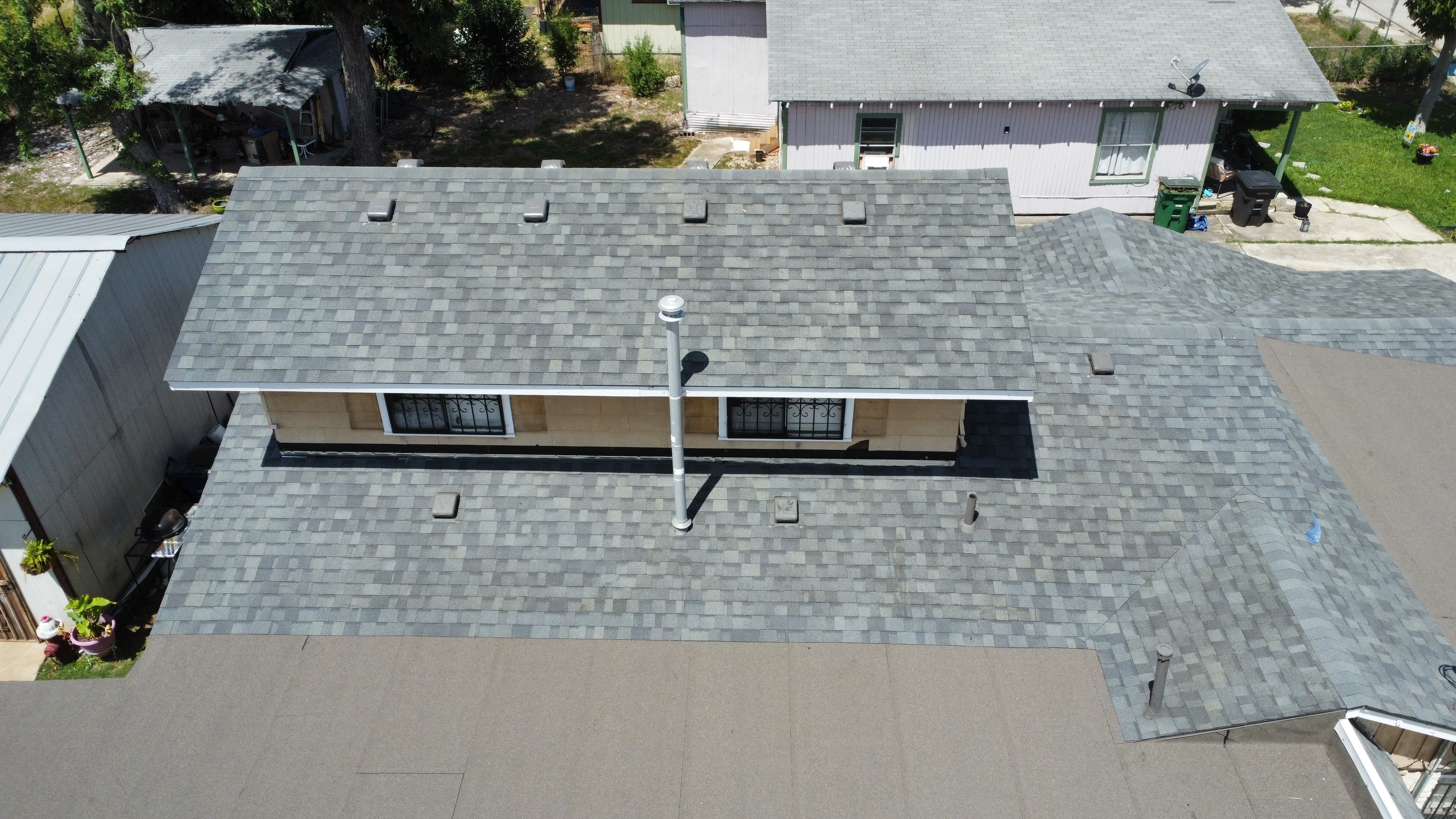 Aerial view of a completed residential roof