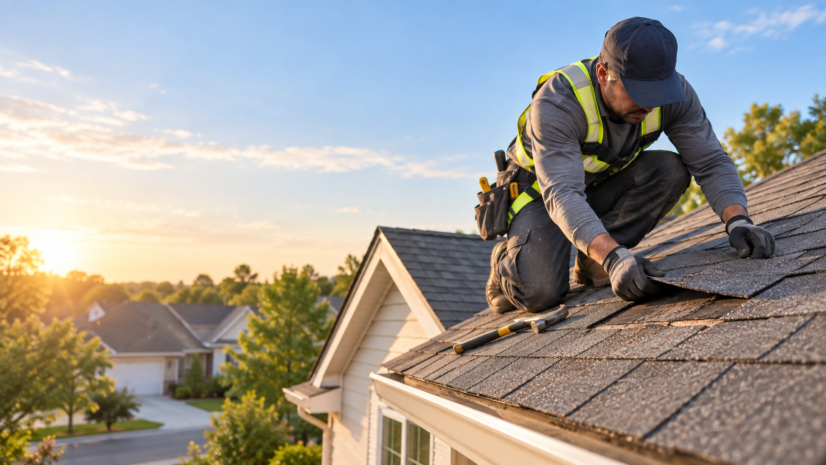 Roofing professional repairing damaged shingles on a residential roof
