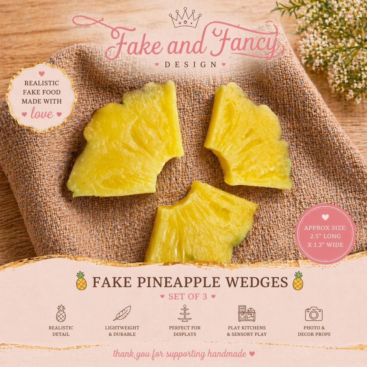 Realistic faux pineapple wedges for display and craft projects