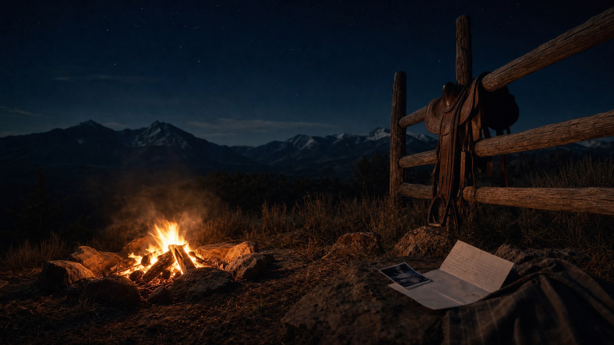 A campfire beside a weathered fence under a dark blue sky