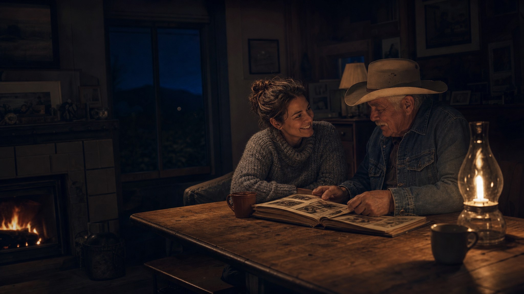 Two generations sharing a family photo album at a warmly lit table