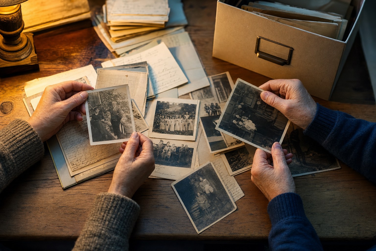 Hands sorting old family photographs and letters on a wooden table