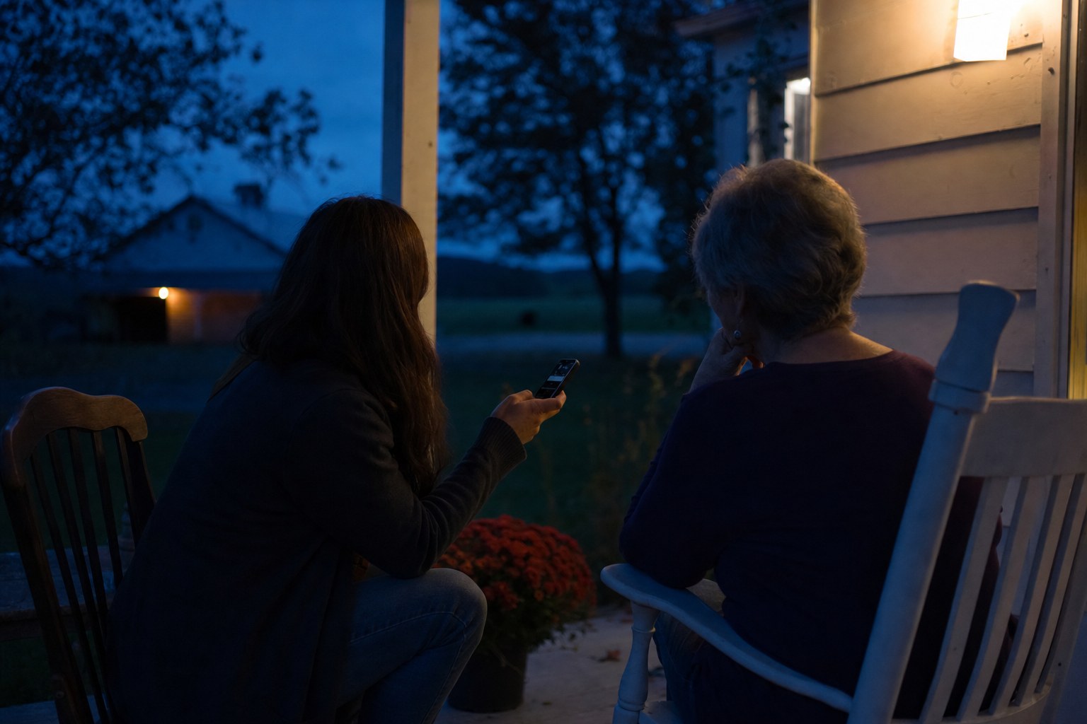 Two family members talking together on a porch at blue hour