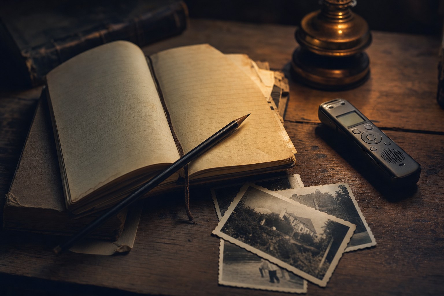 A notebook, old family photographs, and a phone recorder on a wooden table