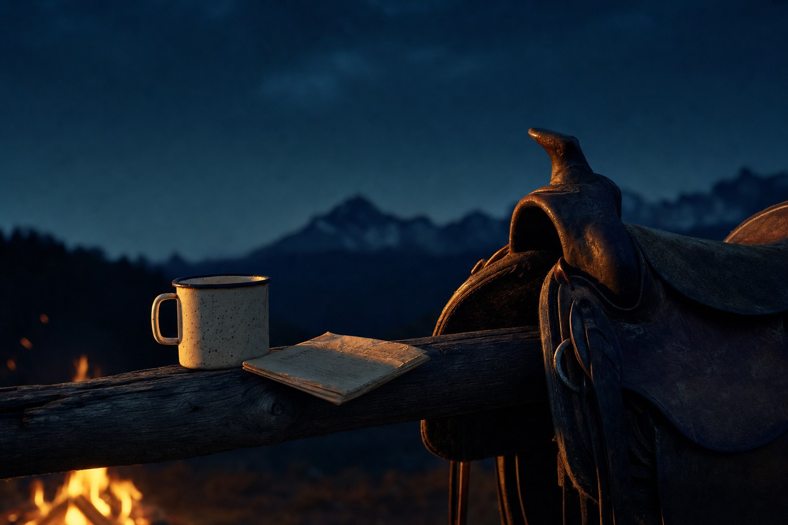 Leather saddle, enamel mug, and handwritten note in warm firelight