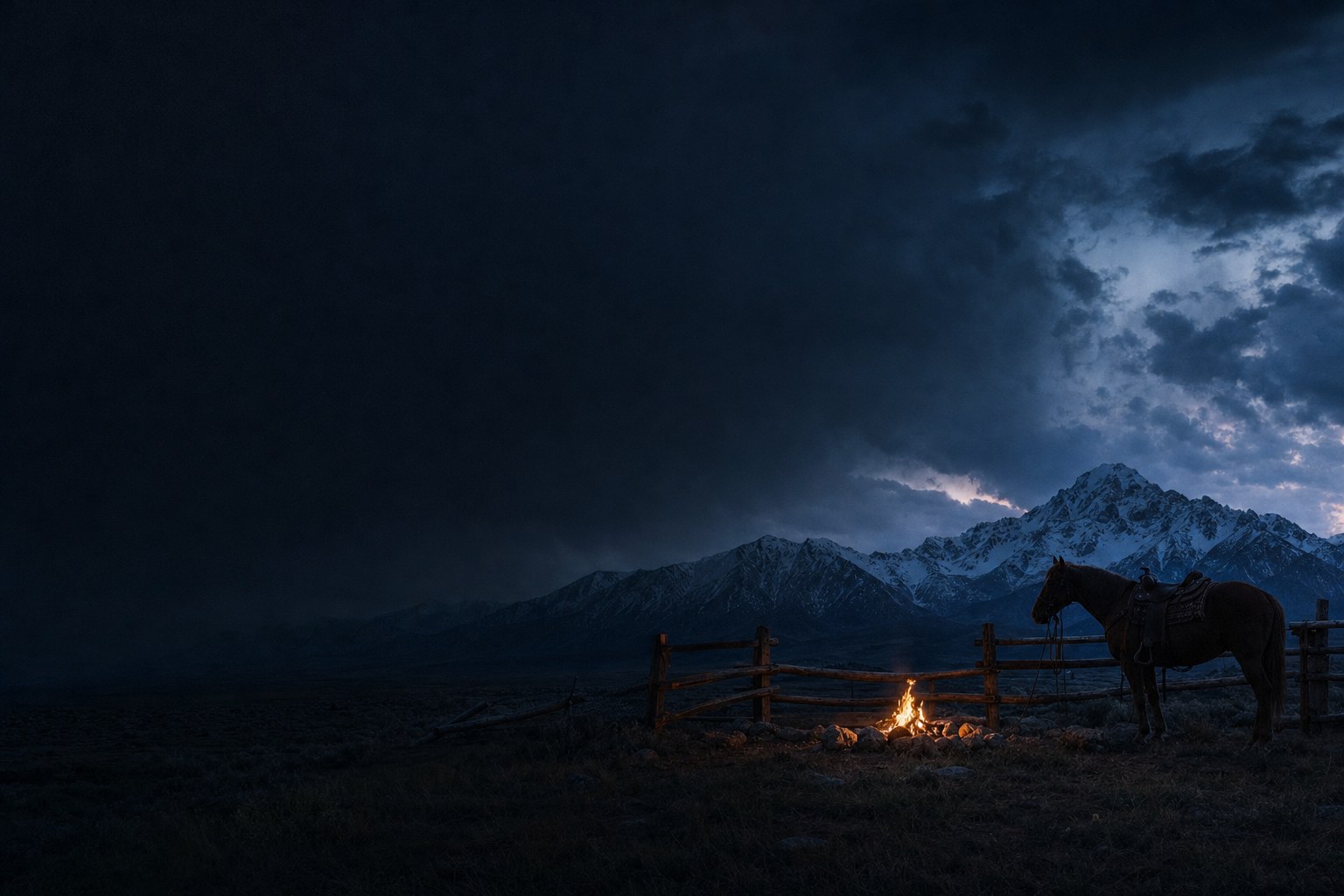 Campfire beside a fence in a dark mountain valley