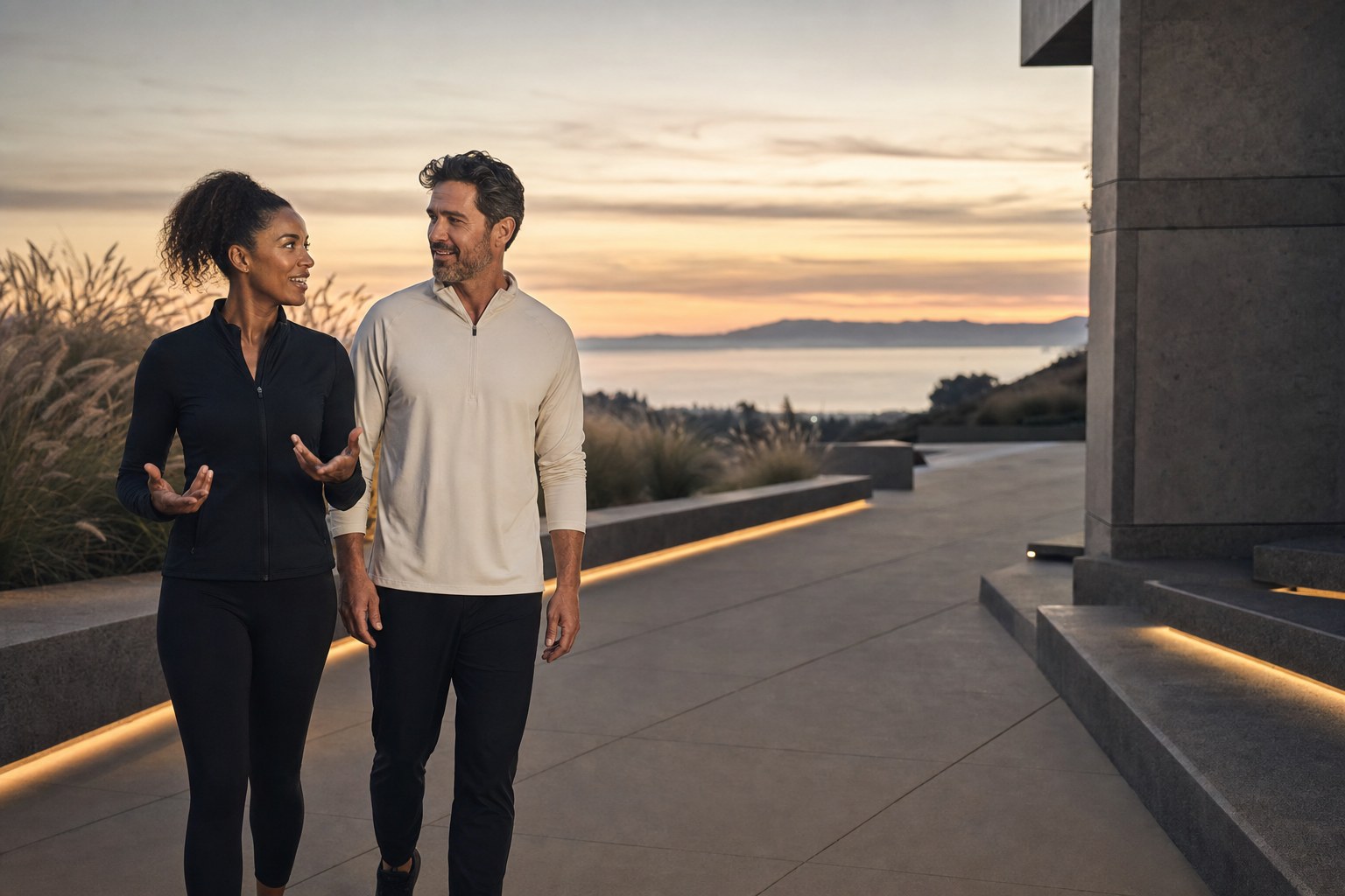 Two adults walking together after a workout at sunset