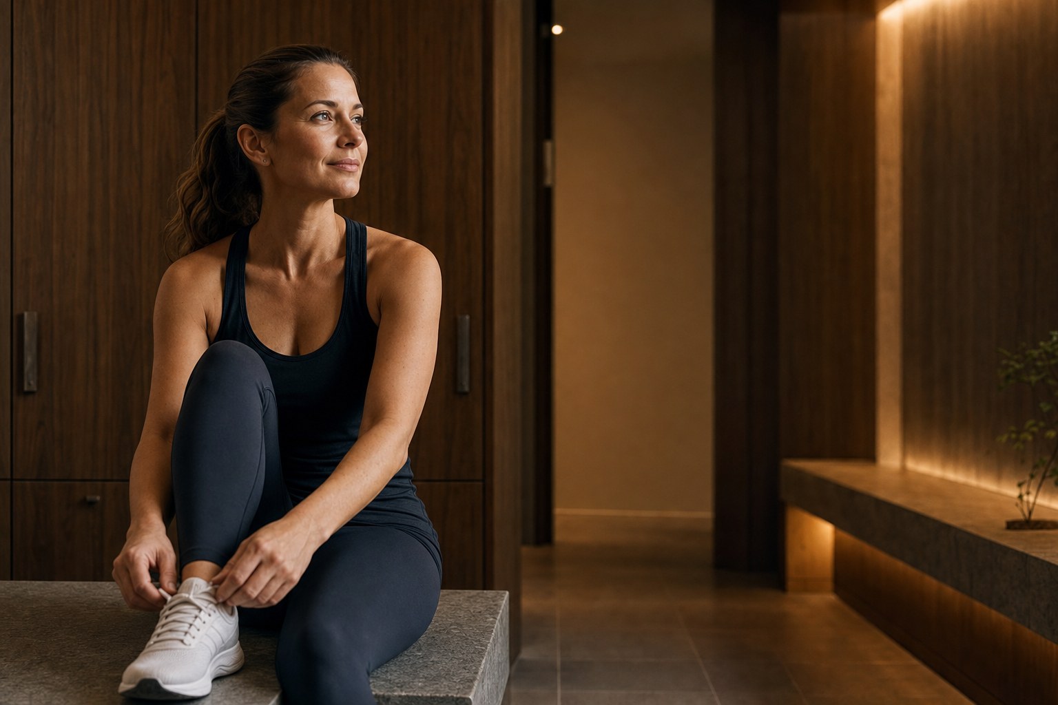 Woman tying her shoe in a quiet recovery lounge