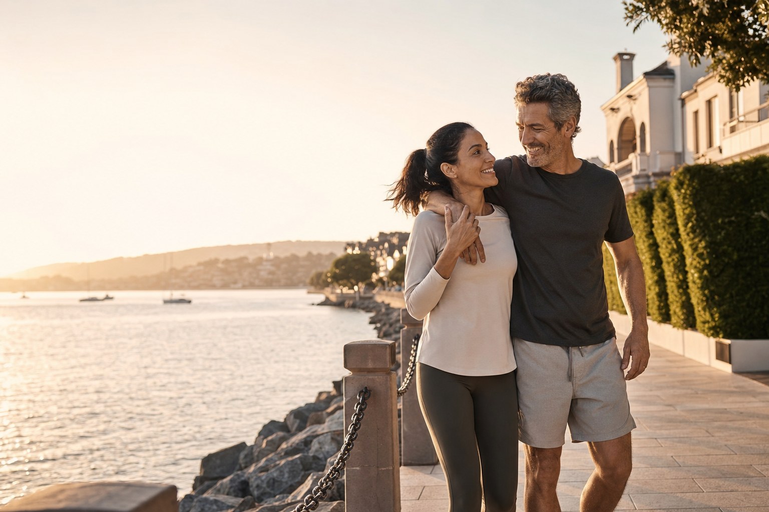 Two adults enjoying an active waterfront walk together