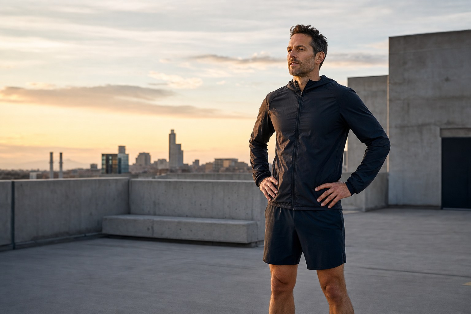Man pausing after a morning run on a city rooftop