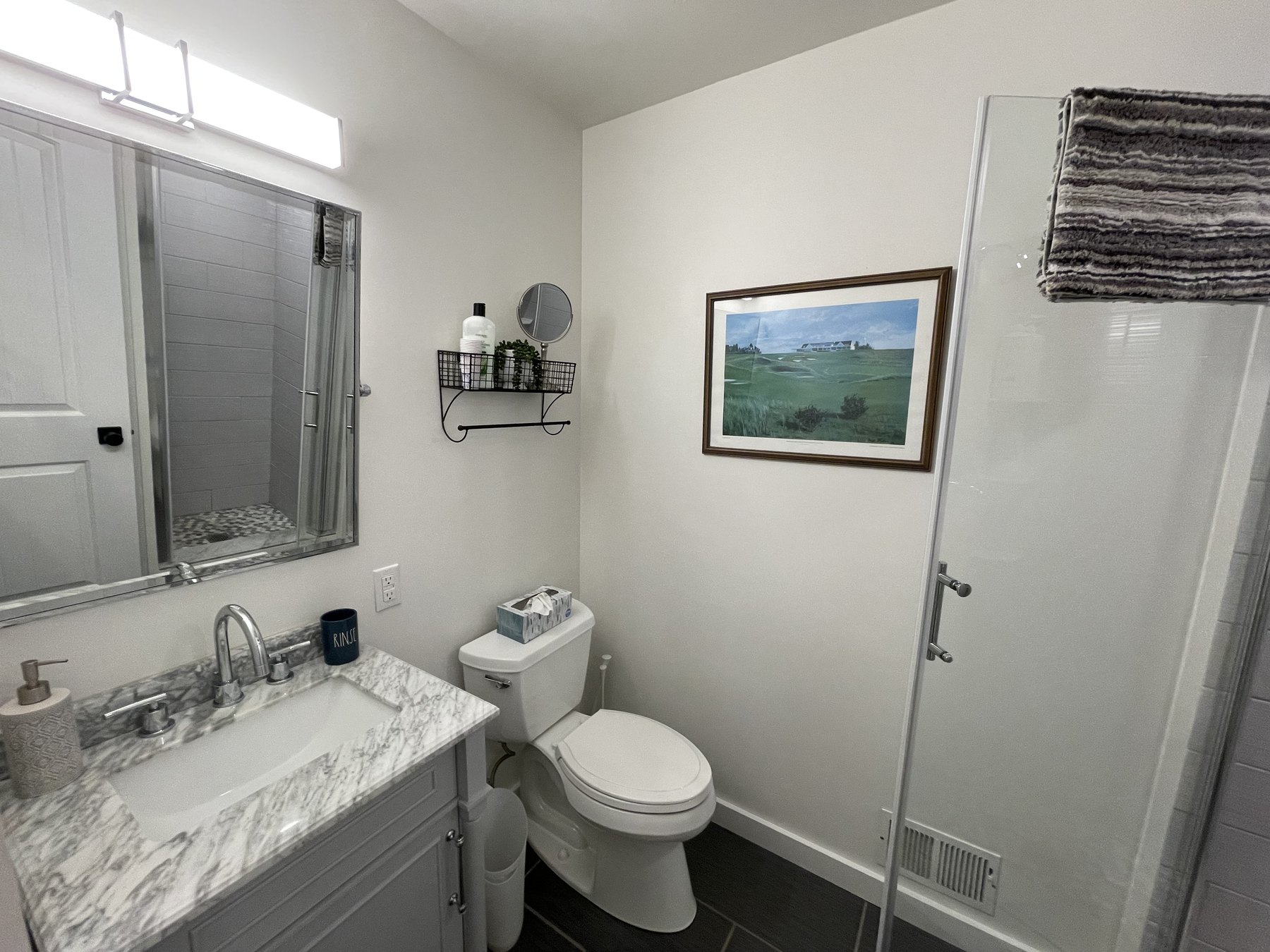 En-suite bathroom with vanity, toilet, and walk-in shower