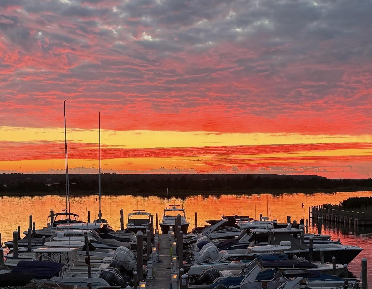 Sunset over a marina near East Hampton