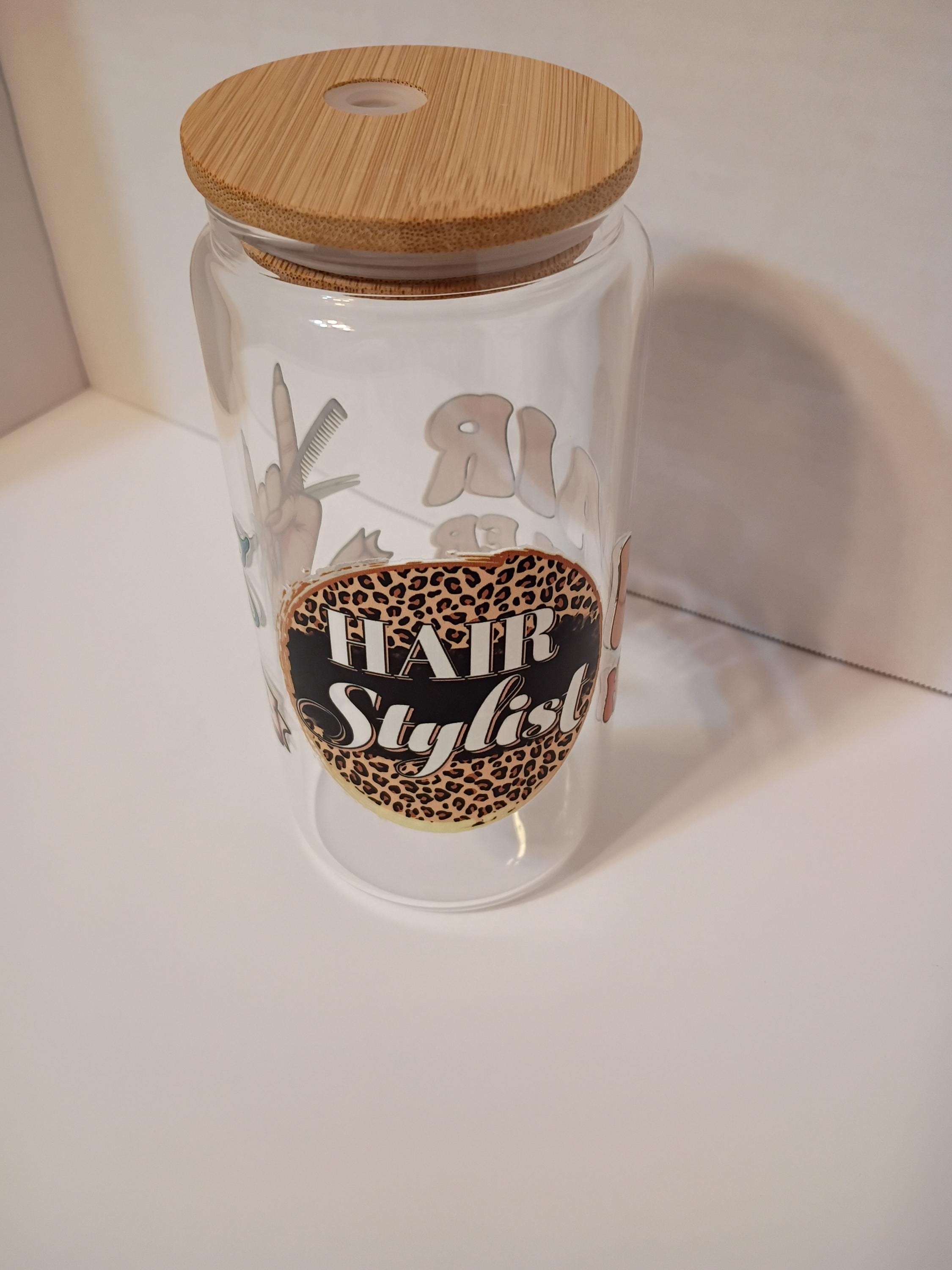 16oz Glass Cup for Hair Stylist with Bamboo Lid & Straw