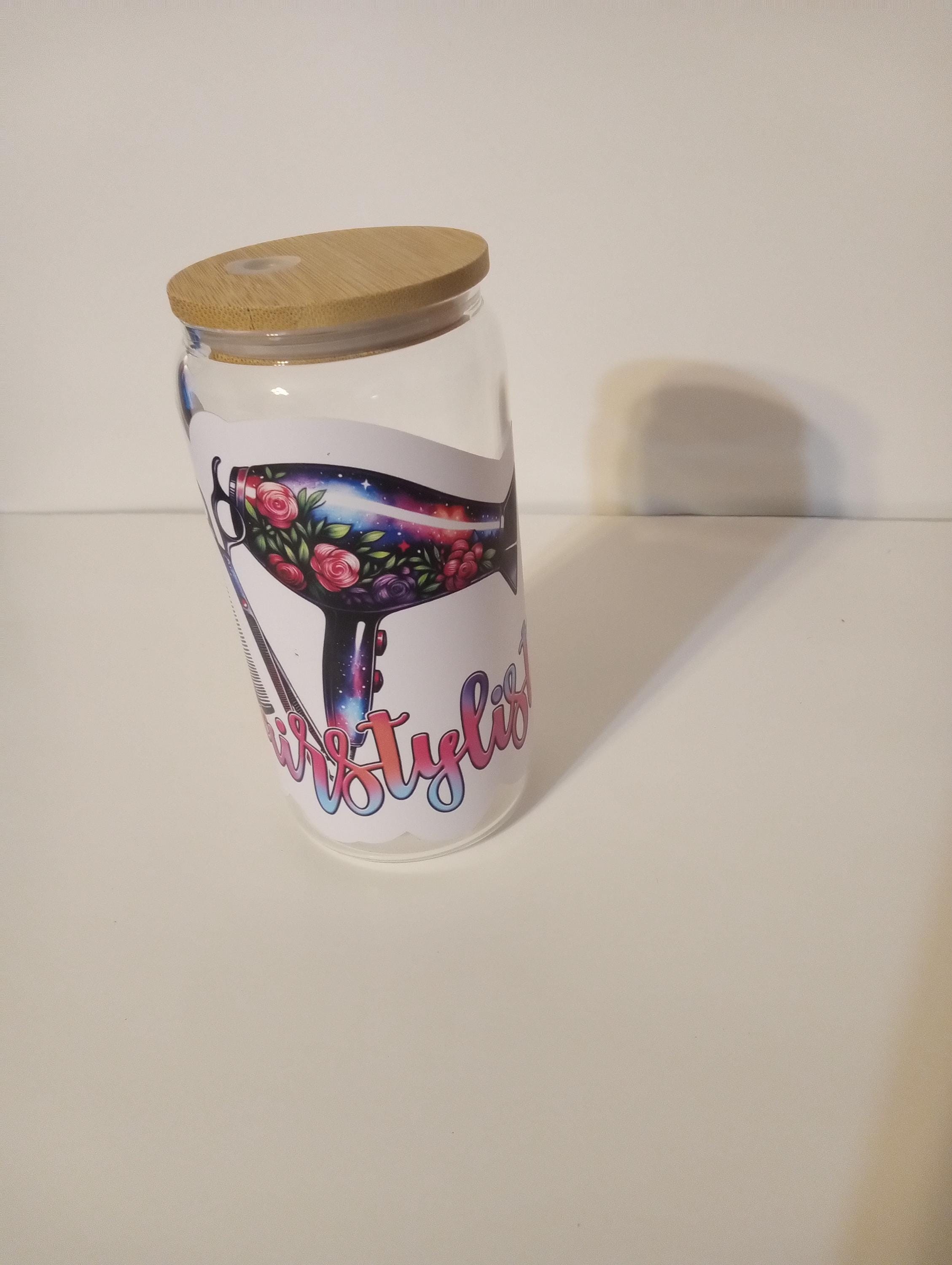16oz Glass Cup for Hair Stylist with Bamboo Lid & Straw, view 2