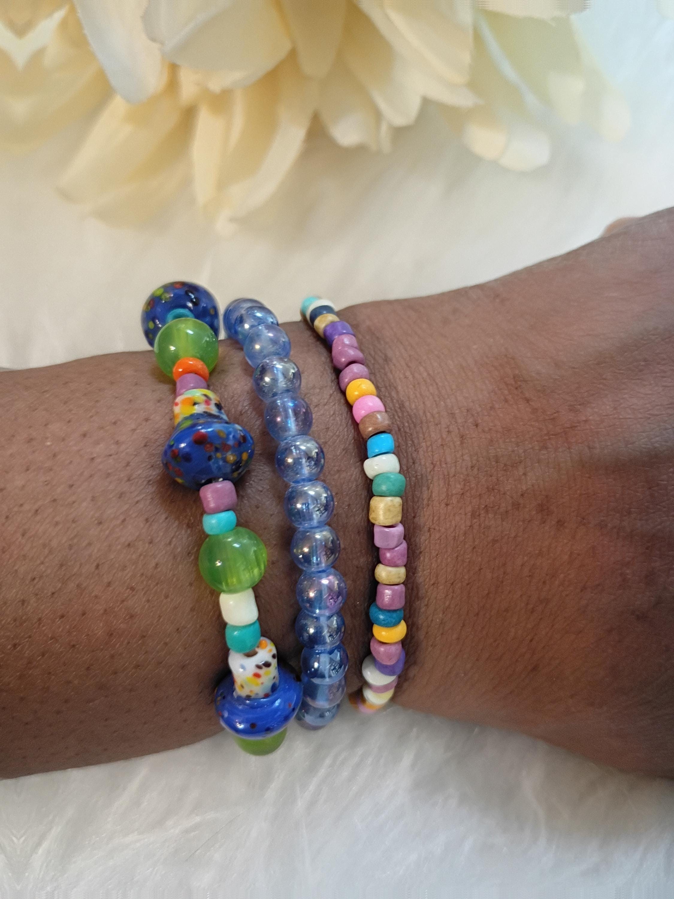 Multi-colored 3-piece set beaded bracelet, view 3