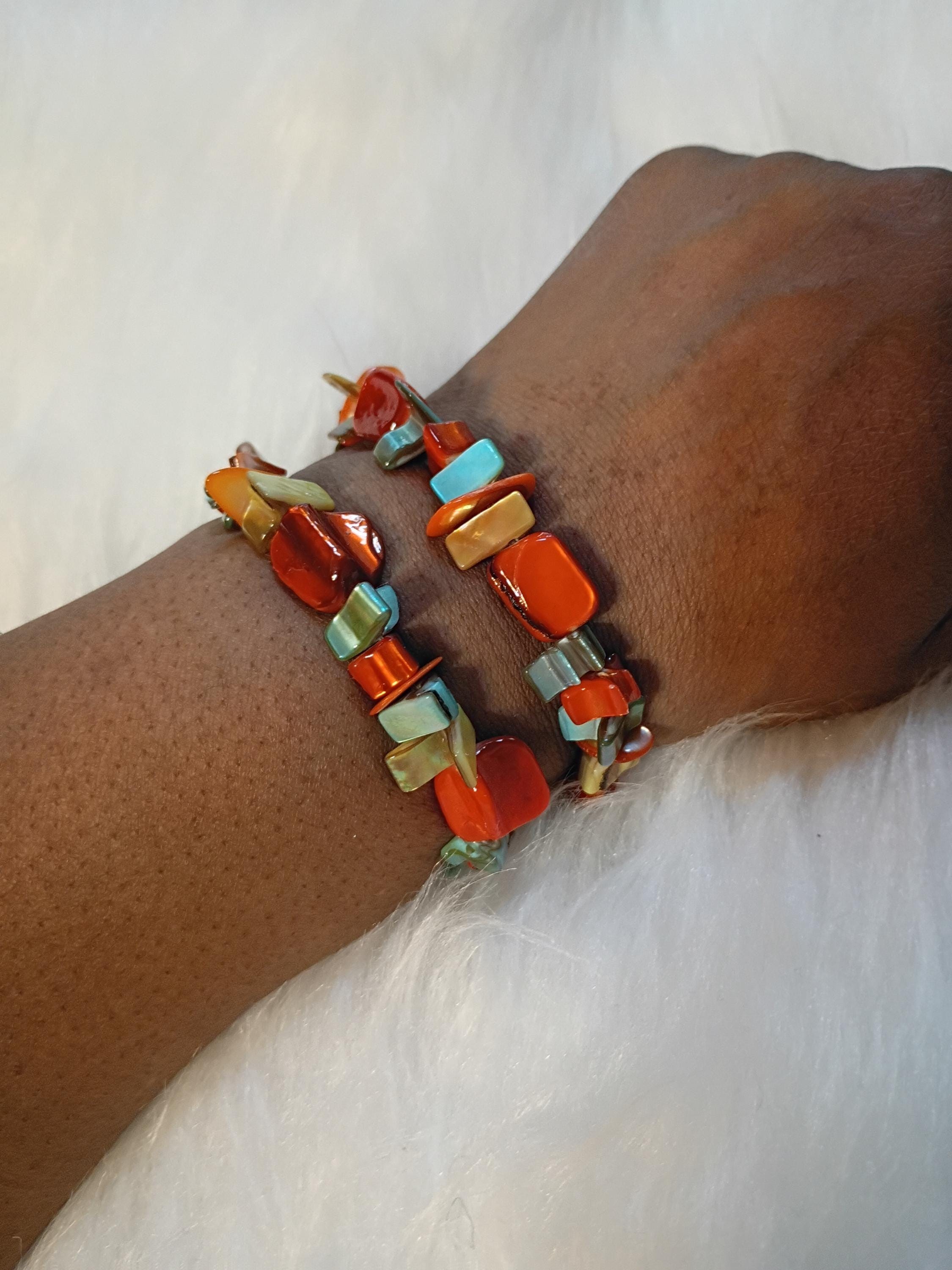 Orange and Teal beaded bracelet, view 2