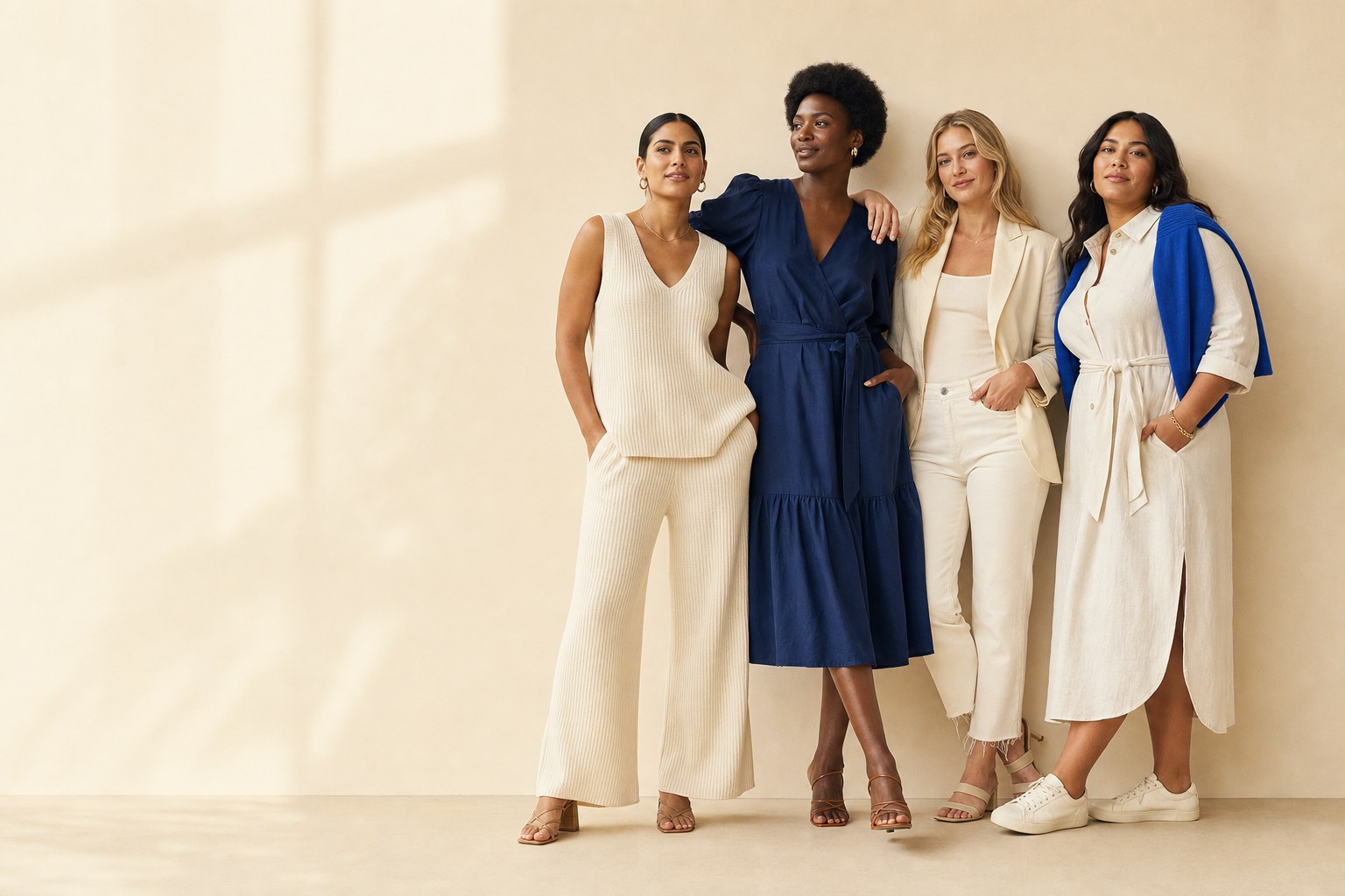Women wearing cream and navy outfits
