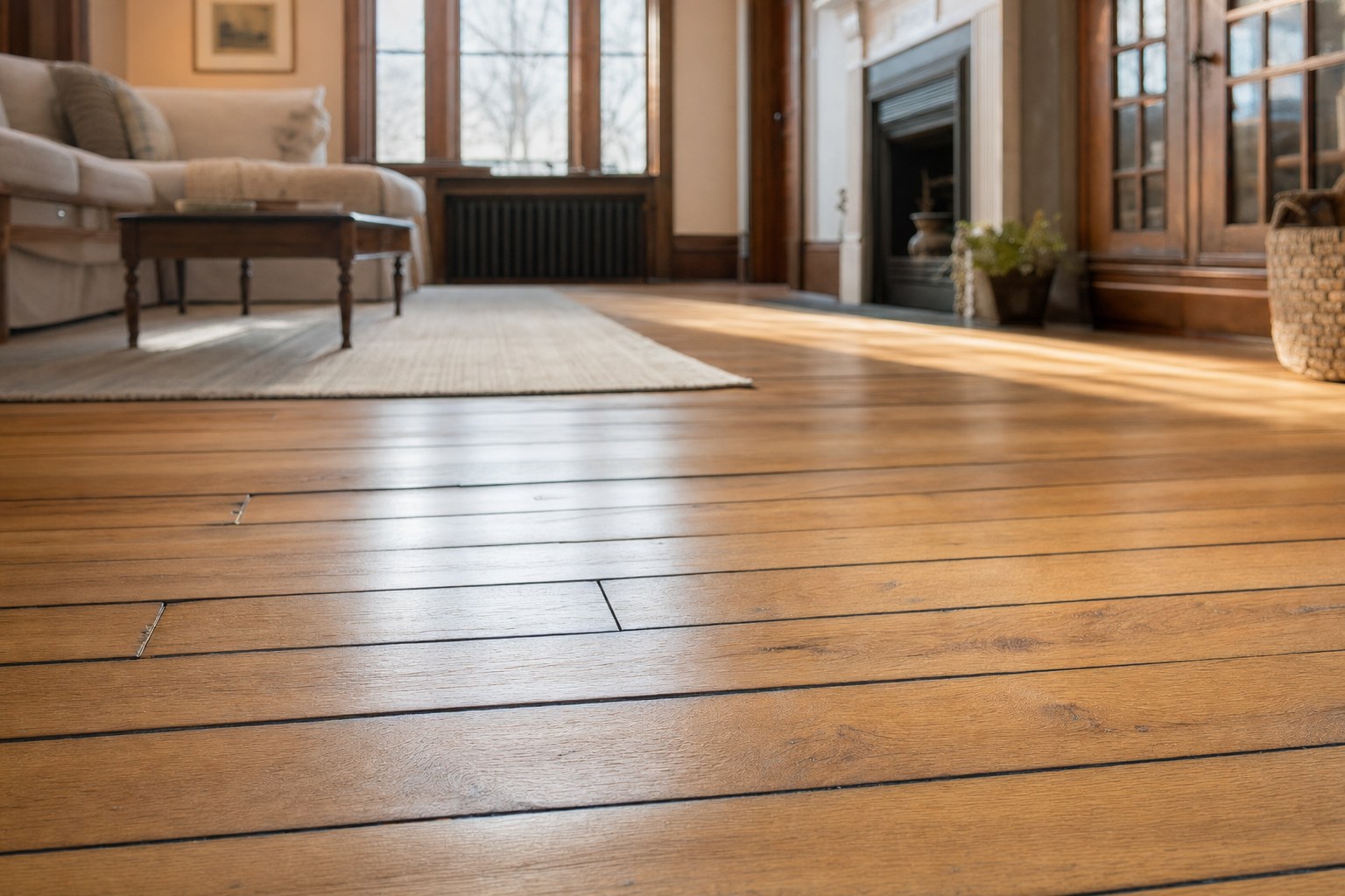 Natural oak hardwood floor with narrow gaps between boards in a sunlit room