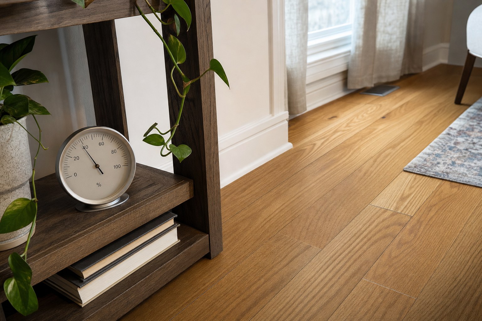 Humidity gauge near a hardwood floor in a sunlit home