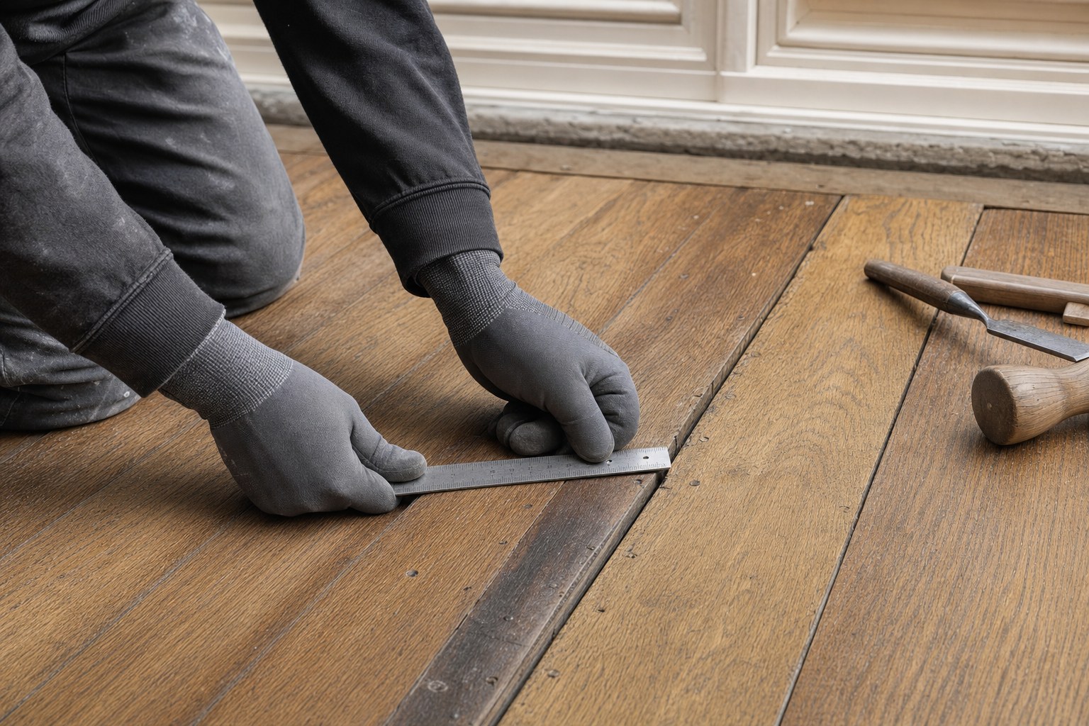 Flooring craftsperson measuring a gap between hardwood boards before repair